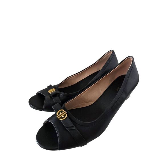 Cole Haan Peep Toe Leather Wedge Size 8.5B Black Logo Padded Footbed - Picture 2 of 8